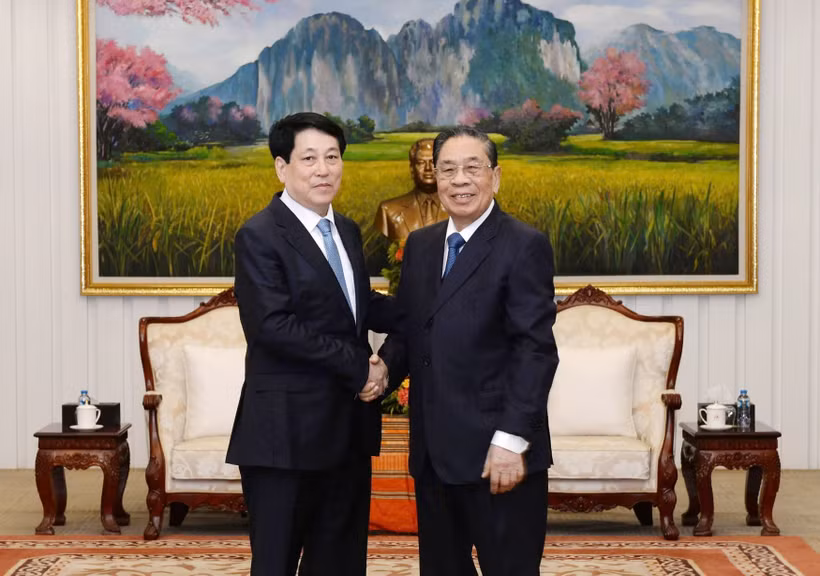 越南国家主席梁强会见了朱马里·赛雅颂同志。图自越通社