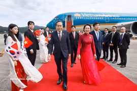 越南国会主席陈青敏偕夫人在首尔城南机场。图自越通社
