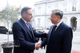 利时王国首相巴尔特·德韦弗迎接越共中央总书记、国家主席苏林。图自越通社
