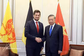 越共中央总书记、国家主席苏林会见瓦隆大区首席大臣阿德里安·多利蒙。图自越通社