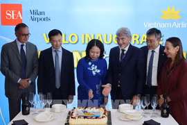 越南国家副主席武氏映春（左三）出席河内-米兰新航线开通仪式。图自越通社
