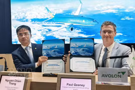 在飞机租赁协议签署仪式上的越南国家航空公司副总经理阮战胜与Avolon董事长兼商务总监保罗·吉尼。图自越通社