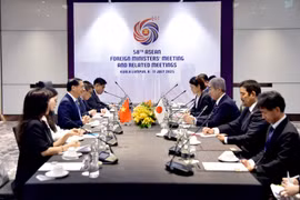 越南政府副总理兼外交部长裴青山会见日本外相岩屋毅。图自越通社
