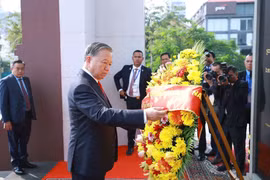 苏林总书记前往首都金边的柬越友谊纪念碑敬献花圈。图自越通社
