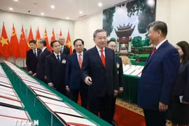 越共中央总书记苏林和中共中央总书记、中国国家主席习近平共同见证两国合作文件的展示。图自越通社