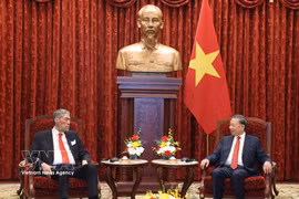 越共中央总书记、国家主席苏林与多米尼加共和国统一左翼运动党总书记米格尔·梅希亚。图自越通社