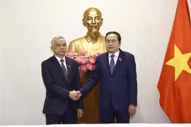 越南国会主席陈青敏（右）会见老挝国会副主席宋玛·奔舍那。图自越通社