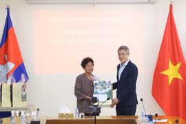 越南驻柬埔寨大使阮明宇向曾为抗美战争做出贡献、并于2009年荣获越南总理颁发的功绩证书的何氏娥女士赠送春节慰问品。图自越通社