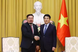 越南国家主席梁强（右）会见蒙古国总统办公室主任赞丹沙塔尔。图自越通社