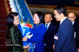 越南国会副主席阮氏青在机场迎接柬埔寨国会主席昆索达莉。图自越通社