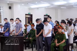 庭审现场的各被告人。图自越通社