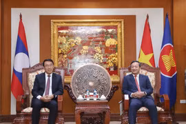 越南驻老挝大使阮明心会见了老挝人民革命党中央对外部部长本勒瓦·潘达努翁。图自越通社