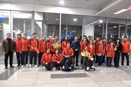 越南体育局副局长阮鸿明与越南残疾人体育代表团合影。图自越通社