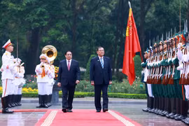 政府总理范明政与日本首相石破茂检阅仪仗队。图自越通社