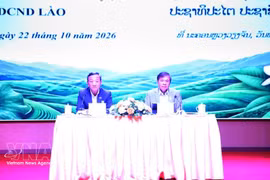 越南驻老挝大使阮明心与老挝农业与环境部副部长赛纳贡·因塔翁主持会议。图自越通社