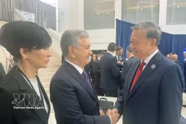 苏林总书记与乌兹别克斯坦总理沙夫卡特·米罗莫诺维奇·米尔济约耶夫亲切握手。图自越通社