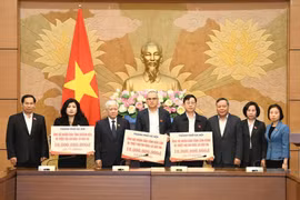 河内市委常务副书记阮文锋代表首都党委、政府和人民，分别向得乐省、林同省和庆和三省各移交100亿越盾援助款项。图自laodongthudo.vn