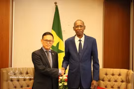 塞内加尔非洲一体化、外交和海外侨民事务部部长谢赫·尼昂与越南驻阿尔及利亚大使兼驻塞内加尔大使陈国庆亲切握手。图自越通社