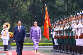 两位总理检阅越南人民军仪仗队。图自越通社