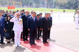 越共中央总书记苏林与中共中央总书记、国家主席习近平及两国代表团成员一起深切缅怀胡志明主席。图自 越通社