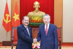 越共中央总书记苏林会见老挝政府副总理吉乔·凯坎匹吞。图自越通社