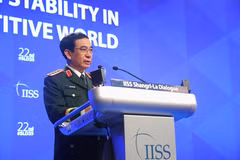 越南国防部长潘文江大将在对话会上发言。图自越通社