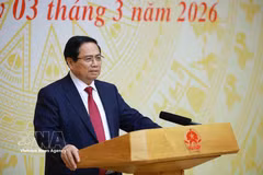 越南政府总理范明政在会议上发言。图自越通社
