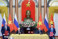 越南国家主席苏林与俄罗斯总统普京出席两国合作文件签署仪式。图自越通社