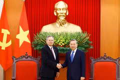苏林总书记会见美国参议员史蒂夫·戴恩斯。图自越通社
