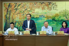 越共中央总书记、国家主席苏林同河内市国会代表进行分组讨论。图自越通社