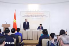 苏林总书记会见越南驻白俄罗斯大使馆工作人员和侨胞代表。图自越通社