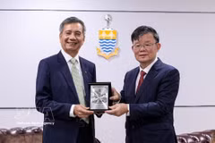 越南驻马来西亚大使丁玉灵与马来西亚槟城州首席部长曹观友。图自越通社