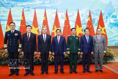 越南政府总理范明政同双方部长合影。图自越通社