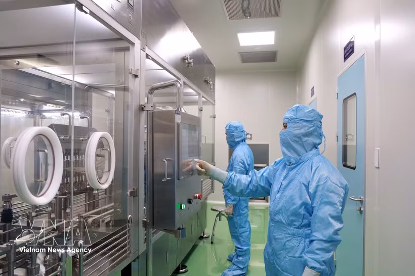 IVAC研究院的研究人员在疫苗生产流程中操作设备。图自越通社