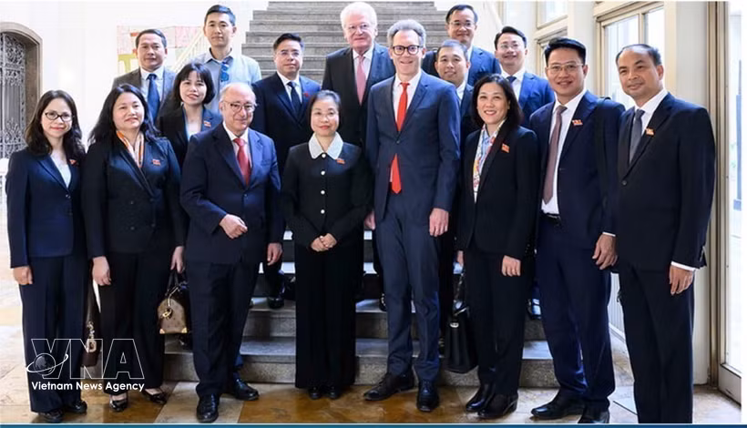 河内市人民议会工作代表团在法兰克福市政厅前合影。图：越通社发