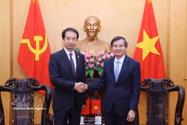 胡志明国家政治学院院长段明训（右）在河内会见了中国驻越南大使何炜。图自越通社