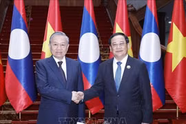 越共中央总书记苏林（左）与老挝政府总理宋赛·西潘敦。图自越通社