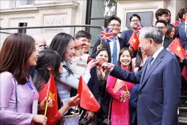 旅英越南人社群到机场欢送苏林总书记一行。图自越通社