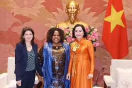越南国会副主席阮氏清（右一）与联合国妇女署驻越南代首席代表卡罗琳·尼亚梅蒙贝和联合国儿童基金会驻越南副代表米凯拉·鲍尔。图自越通社