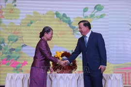 柬埔寨祖国团结发展阵线主席梅森安与隆安省委书记、人民议会主席阮文得。图自越通社