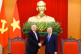 苏林总书记会见美国参议员史蒂夫·戴恩斯。图自越通社