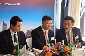 外交部副部长黎英俊（左一）与胡志明市人民委员会副主席黄原营（中）出席活动。图自越通社