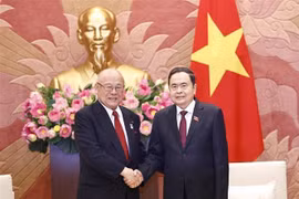 越南国会主席陈青敏(右)会见日越友好议员联盟特别顾问武部勤。图自越通社