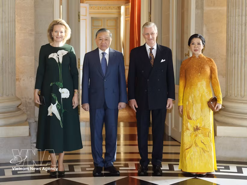 越共中央总书记、国家主席苏林和夫人吴芳璃会见比利时国王菲利普和王后玛蒂尔德。图自越通社