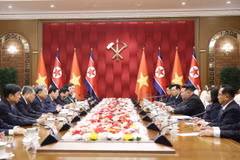 越共中央总书记苏林与朝鲜劳动党总书记、国务委员长金正恩举行会谈。图自越通社