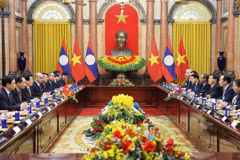 越南国家主席梁强会见老挝总书记、国家主席通伦·西苏里。图自越通社