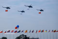 载有国旗的直升机在2024年越南国际防务展开幕式上进行飞行表演。图自越通社