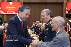 越共中央总书记、国家主席苏林和获得党龄纪念章的党员握手。图自越通社