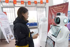 在春香坊（林同省）公共行政服务中心，居民与人工智能机器人互动，获取有关行政手续办理的指引。图自越通社