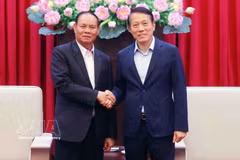 越南公安部部长梁三光会见老挝人民革命党中央书记处常务书记维莱·拉坎丰。图自越通社
